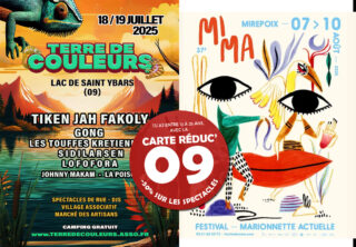 🎭 Avec la Carte Réduc’09, profitez de spectacles à moitié prix ! 🎶
Pour les Ariégeois de 13 à 25 ans, une sélection de concerts et spectacles en Ariège, à prix réduit ! 🌟
📅 Prochains événements :
➡️ 18/07/2025 : Terre de couleurs - Saint-Ybars (Concerts) 15 €
➡️ 19/07/2025 : Terre de couleurs - Saint-Ybars (Concerts) 17,50 €
➡️ 18+19/07/2025 : Terre de couleurs - Saint-Ybars (Concerts) 25 €
➡️ Du 7 au 10 août : Festival Mima - Mirepoix (Spectacles) 5€ *
*Tous les spectacles Mima sont à 5€ avec la carte Réduc’09
💳 La carte Réduc’09 est gratuite et disponible dans tous les points InfoJeunes d’Ariège !
ℹ️ Toutes les infos ici : https://infojeunes09.fr/index.php/la-carte-reduc09/
🎟️ #Cartereduc09 #Concerts #Ariège  #SortirEnAriège #Réductions #InfoJeunes #Jeunesse #marionnettes #Mirepoix #SaintYbars
