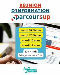 📢 Besoin d’aide pour Parcoursup ?
Vous avez des questions sur vos vœux, vos choix d’orientation ou la procédure ? 🤔
💡 On est là pour vous aider !
Retrouvez-nous les mardis 10 et 17 février et 10 et 17 mars de 17h à 19h pour une réunion collective Parcoursup.
Un moment pour échanger, poser vos questions et avancer sereinement dans votre projet d’études.
📍 Où ? InfoJeunes09 (Pôle jeunesse de Foix)
📅 Quand ? les mardis 10 et 17 février et mardis 10 et 17 mars, de 17h à 19h
N’hésitez pas à partager l’info autour de vous ! 👇
#Parcoursup #Orientation #InfoJeunes