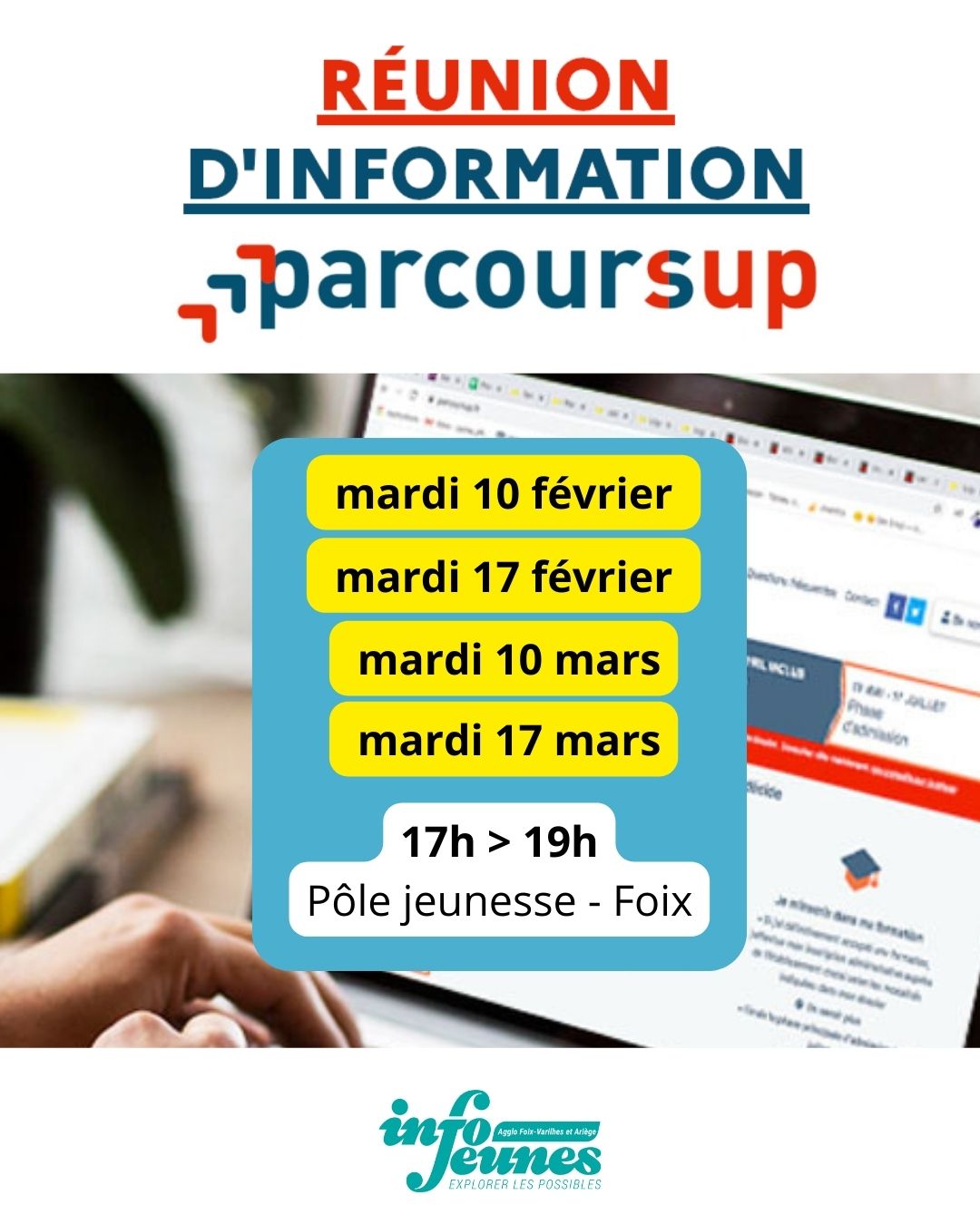 📢 Besoin d’aide pour Parcoursup ?
Vous avez des questions sur vos vœux, vos choix d’orientation ou la procédure ? 🤔
💡 On est là pour vous aider !
Retrouvez-nous les mardis 10 et 17 février et 10 et 17 mars de 17h à 19h pour une réunion collective Parcoursup.
Un moment pour échanger, poser vos questions et avancer sereinement dans votre projet d’études.
📍 Où ? InfoJeunes09 (Pôle jeunesse de Foix)
📅 Quand ? les mardis 10 et 17 février et mardis 10 et 17 mars, de 17h à 19h
N’hésitez pas à partager l’info autour de vous ! 👇
#Parcoursup #Orientation #InfoJeunes
