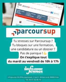 📢 Vous avez des questions sur Parcoursup ? On est là pour vous aider !
📅 Réunions d’information Parcoursup (collectives) :
Retrouvez-nous aux dates suivantes au Pôle jeunesse de Foix (17h > 19h) :
🔹 Mardi 10 février
🔹 Mardi 17 février
🔹 Mardi 10 mars
🔹 Mardi 17 mars
❓ Bloqué·e sur une formation, une candidature ou un dossier ? Pas de panique ! 💪 Passe nous voir du mardi au vendredi, de 10h à 17h à InfoJeunes Foix. (individuel)
📍 Où nous trouver ?
InfoJeunes Foix – 2 bd F. Mitterrand, 09000 Foix
📞 05 61 02 86 10
💬 Un doute ? Une question ? Laissez-nous un commentaire ou envoyez-nous un message ! On vous guide pas à pas. 😊
#Parcoursup #Orientation #InfoJeunes #PôleJeunesse