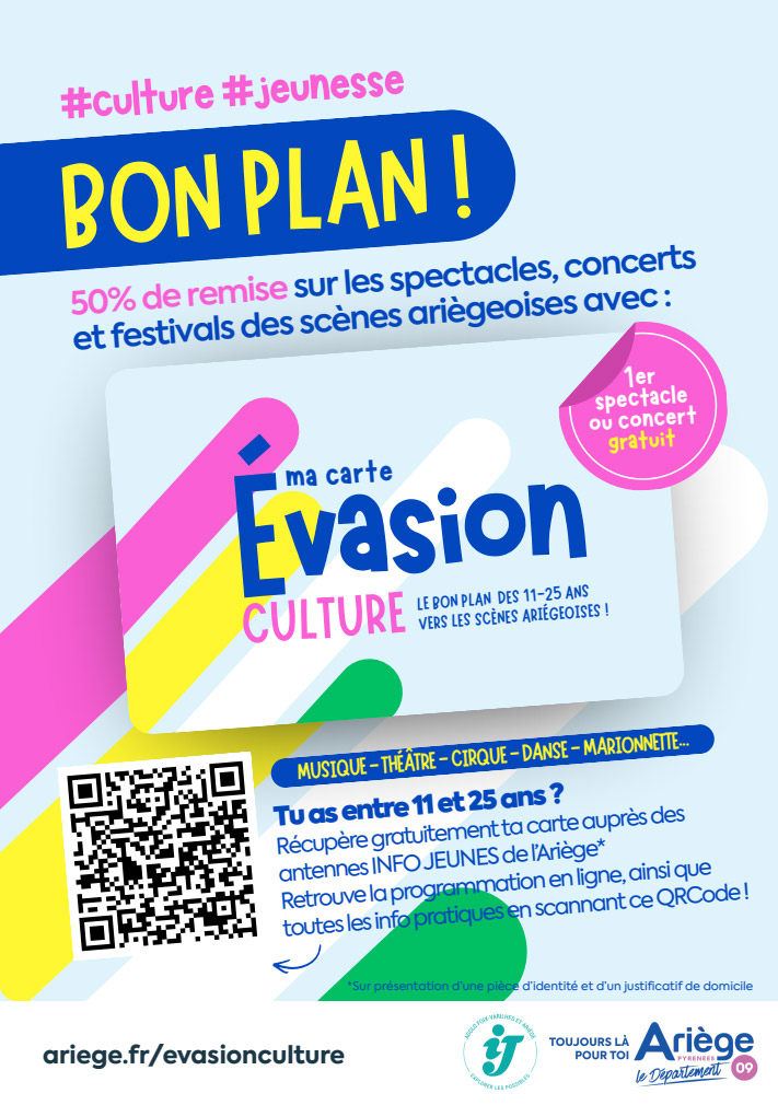 La carte réduc’09, qui donne accès à prix réduits aux spectacles ariégeois, fait peau neuve en 2026 ! En plus d’être désormais accessible aux 11-25 ans, elle change de nom et de look.
Les avantages ?
📢 La première place offerte lors de la création d’une carte nominative (concert ou spectacle).
📅 Élargissement de la tranche d’âge, désormais fixée de 11 à 25 ans.
🆓 Une carte toujours gratuite, délivrée sur présentation d’une pièce d’identité et d’un justificatif de domicile.
Enfin, il est possible de remplacer son ancienne carte Réduc’09 par la nouvelle carte Evasion Culture et bénéficier du spectacle offert.
Toutes les infos sur https://infojeunes09.fr/index.php/la-carte-reduc09/
#EvasionCulture #ariege #jeunesse #BonPlan