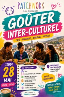 🌍✨ GOÛTER INTER-CULTUREL ✨🌍
📅 Jeudi 28 mai | 16h30-18h30
📍 Patchwork Café Associatif – 10 Place Violet, Foix (09000)
Au programme :
✅ Jeux pour faire connaissance
✅ Discussions multi-langues (français, anglais, espagnol, italien…)
✅ Partage de cultures, d’expériences et de conseils voyage
✅ Infos transports en Occitanie
✅ Goûter convivial et débrief
Un événement ouvert à tous, pour échanger, apprendre et savourer ensemble.
🎨 Avec le soutien de Drajes Occitanie
#Interculturel #Patchwork #Rencontres #Voyage #Partage #CaféAssociatif #InfoJeunes #foix
