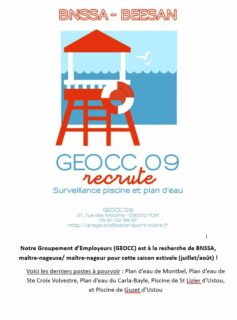 📢 OFFRES JOBÉTÉ 2026 - MAÎTRE-NAGEURS EN ARIÈGE 🏊‍♂️

🌊 Le GEOCC 09 recrute !

Notre Groupement d’Employeurs (GEOCC 09) recherche des maîtres-nageurs sauvetages (BNSSA) pour la saison estivale (juillet/août) en Ariège !

📌 Postes à pourvoir :
Plan d’eau de Montbel

Plan d’eau de Ste Croix Volvestre

Plan d’eau du Carla-Bayle

Piscine de St Lizier d’Ustou

Piscine de Guzet d’Ustou

⚠️ Diplôme BNSSA + Maître-Nageur obligatoire

💡 Autres offres d’emploi été
Il reste également encore quelques annonces de jobs d’été affichées au Pôle Jeunesse de Foix !

📍 Contact :
GEOCC 09
21, rue des Moulins - 09000 FOIX
📞 05 61 02 98 97
🌐 http://ariege.profession-sport-loisirs.fr

#Recrutement #BNSSA #JobsEtudiants #Ariège #MaîtreNageur #EmploiSaisonnier #GEOCC09 #InfoJeunes